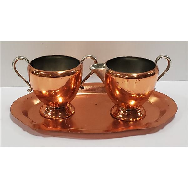 VINTAGE COPPER CREAM & SUGAR SET ON TRAY