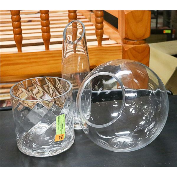 LOT OF 3 HEAVY GLASS DECORATIVE VASES