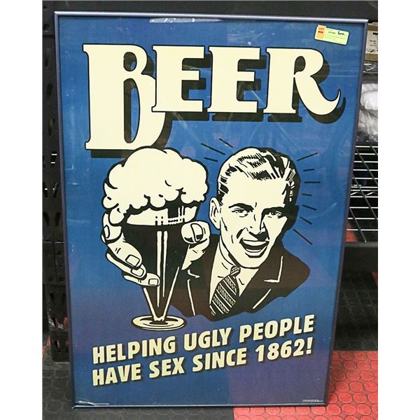 METAL AND GLASS FRAMED BEER POSTER - "HELPING