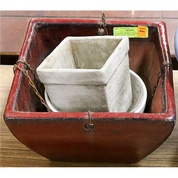 HANGING CEMENT GARDEN POT WITH 2 SMALLER POTS