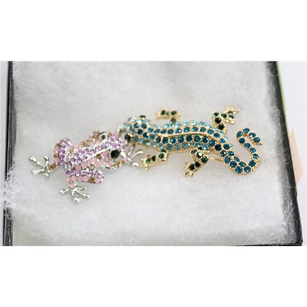 GECKO AND FROG RHINESTONE BROOCH