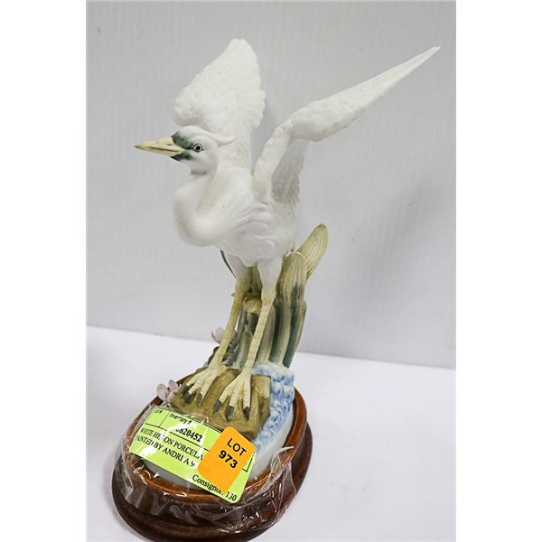 WHITE HERON PORCELAIN HAND PAINTED BY ANDREA 9" ON