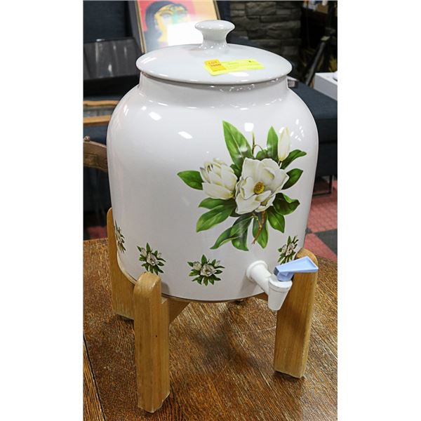 WHITE ROSE WATER JUG DISPENSER ON WOOD STAND