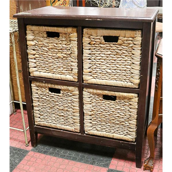 WOOD AND WICKER SHELVING UNIT