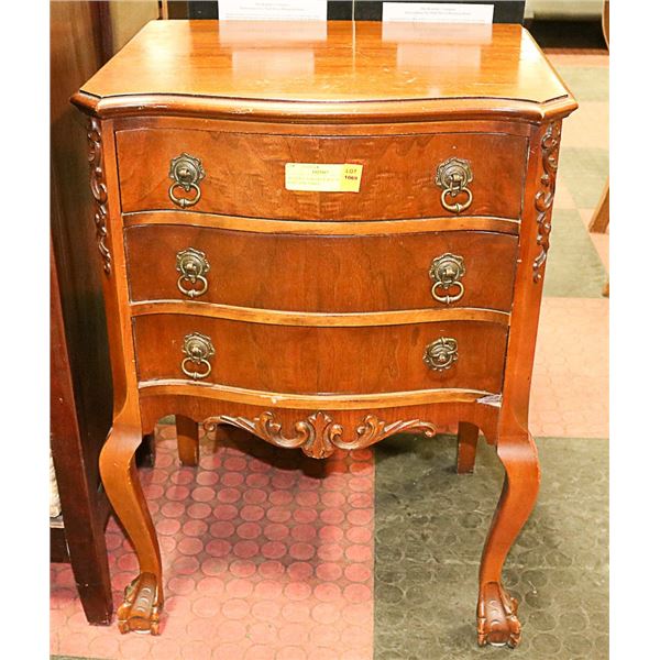 ANTIQUE 3 DRAWER WALNUT CLAW FOOT END TABLE