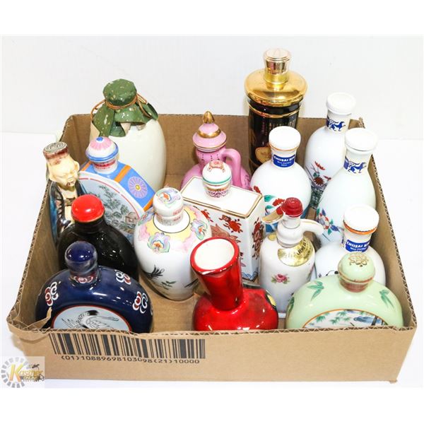 FLAT OF MOSTLY  ASIAN THEMED DECANTERS