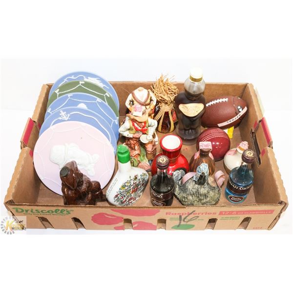 FLAT OF MINIATURE WHISKEY BOTTLES AND DECANTERS