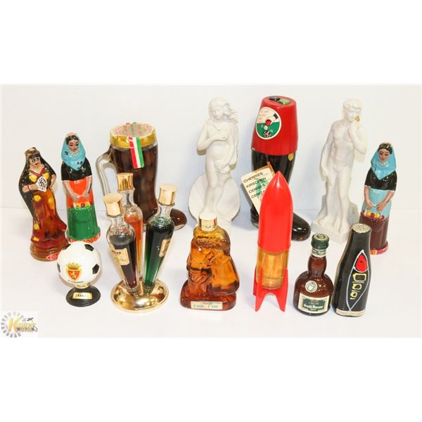 BASKET OF ALCOHOL DECANTER FIGURES