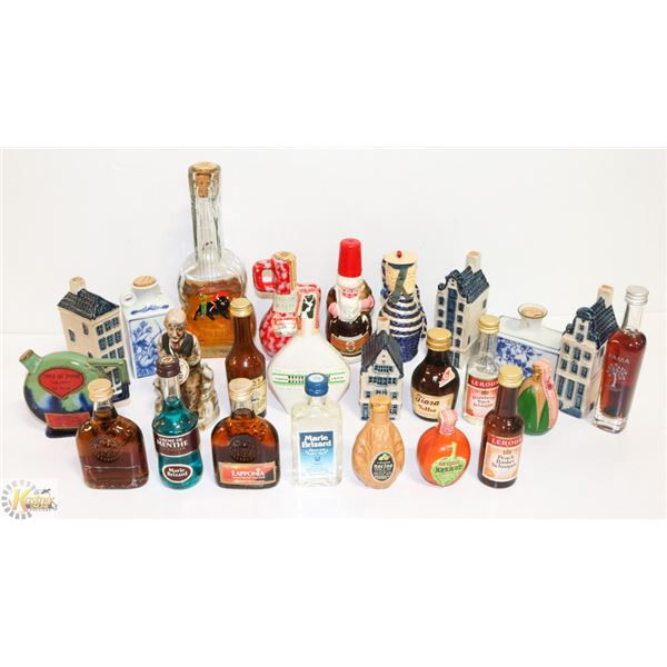 BASKET OF SMALL BOTTLE DECANTERS