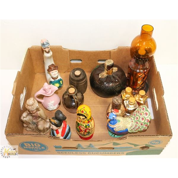 FLAT OF ALCOHOL DECANTERS AND BOTTLES