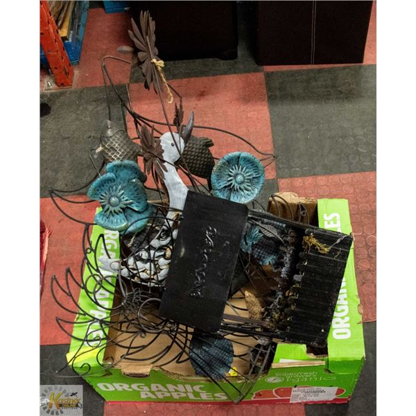 BOX OF METAL GARDEN ORNAMENTS