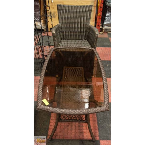 WICKER TABLE WITH GLASS TOP AND 1 CHAIR