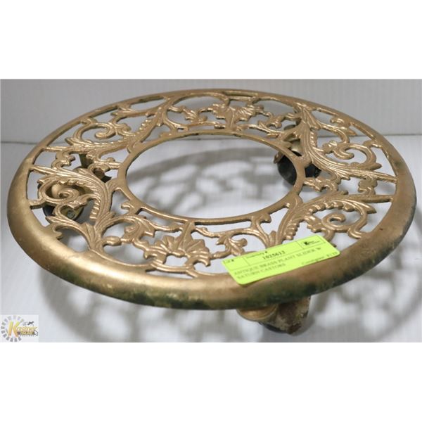 ANTIQUE BRASS PLANT SLIDER W SATURN CASTORS