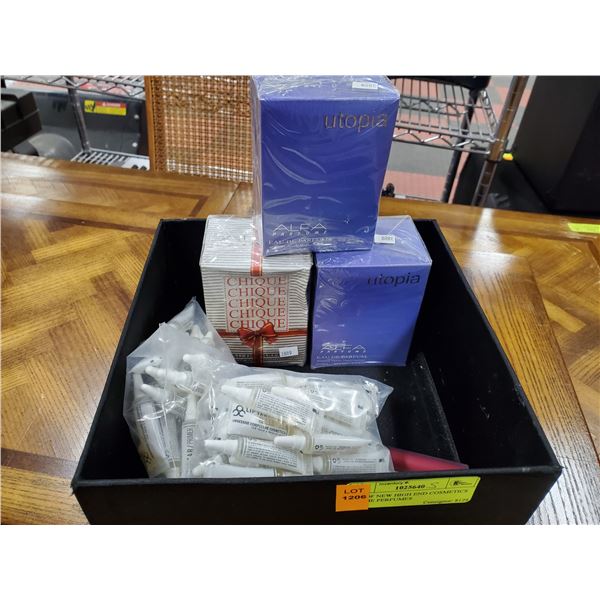 BOX OF NEW HIGH END COSMETICS & SOME PERFUMES