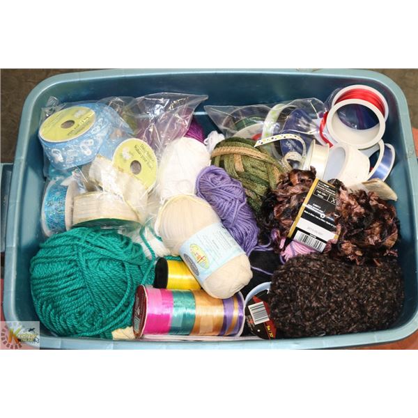 BIN OF MOSTLY NEW YARNS RIBBONS CRAFT ITEMS