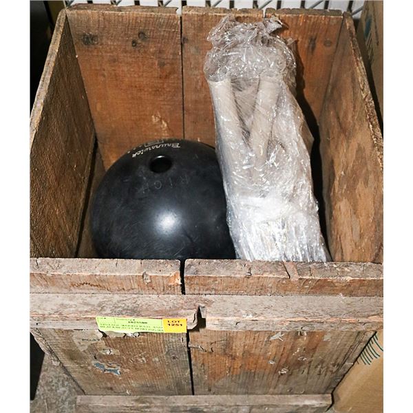 VINTAGE WOOD CRATE AND BLACKBEAUTY BOWLING BALL