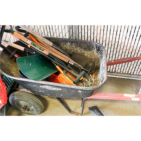 YARDWORKS 2 WHEELBARROW WITH GARDEN TOOLS USED