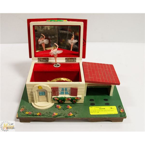 QUAKER OATS TIN AND VINTAGE BISCUIT JAR