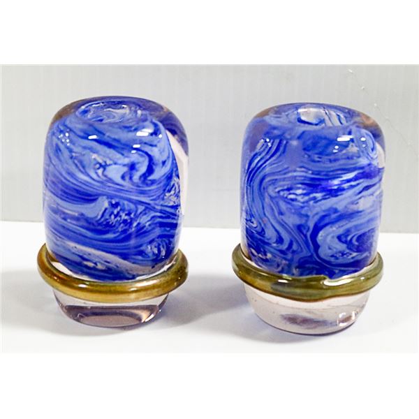 BLOWN HEAVY GLASS PAIR CANDLE HOLDERS SIGNED BY