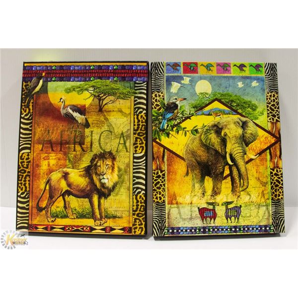 2 SAFARI ANIMAL PICTURES ON CANVAS:  LION AND