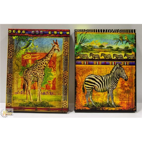2 SAFARI ANIMAL PICTURES ON CANVAS:  GIRAFFE AND