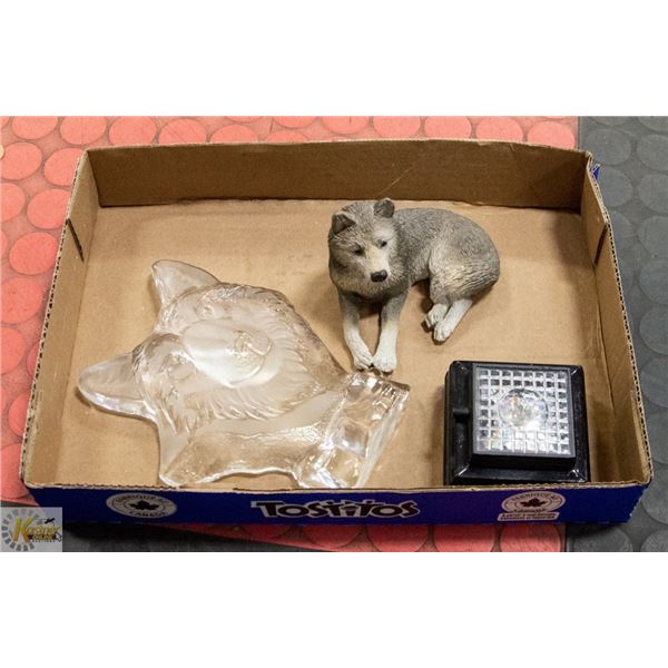 LIGHT UP CRYSTAL WOLF FACE ON BASE+WOLF FIGURINE