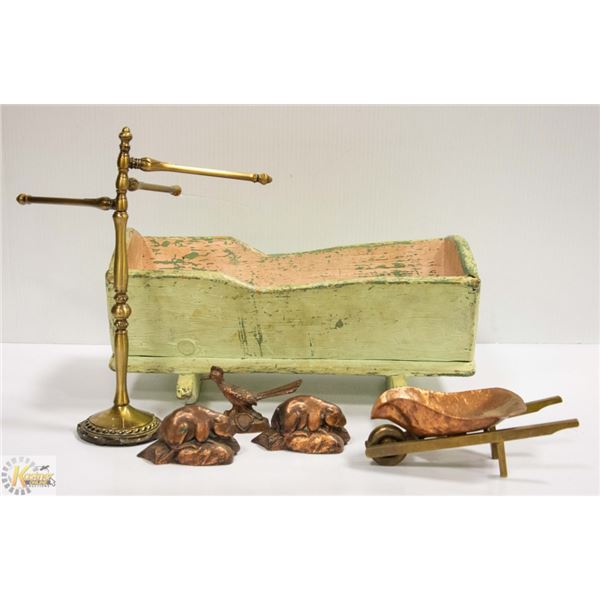OLD WOODEN TOY ROCKING CRIB WITH BRASS TYPE