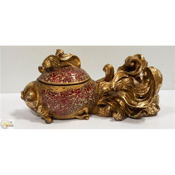 LARGE KOI FISH ORNATE COVERED GOLDEN BOWL