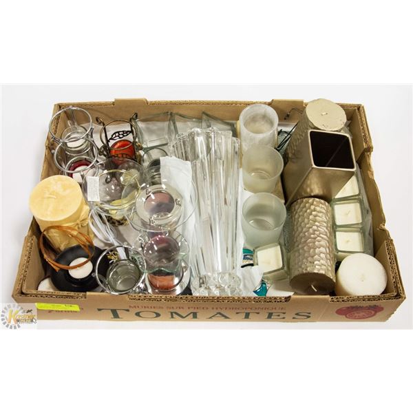 LARGE FLAT WITH 11.5 INCH CRYSTAL VASE, CANDLES,