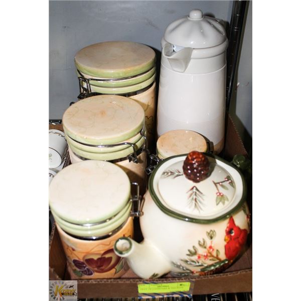 TRAY OF CANISTERS & TEA POTS