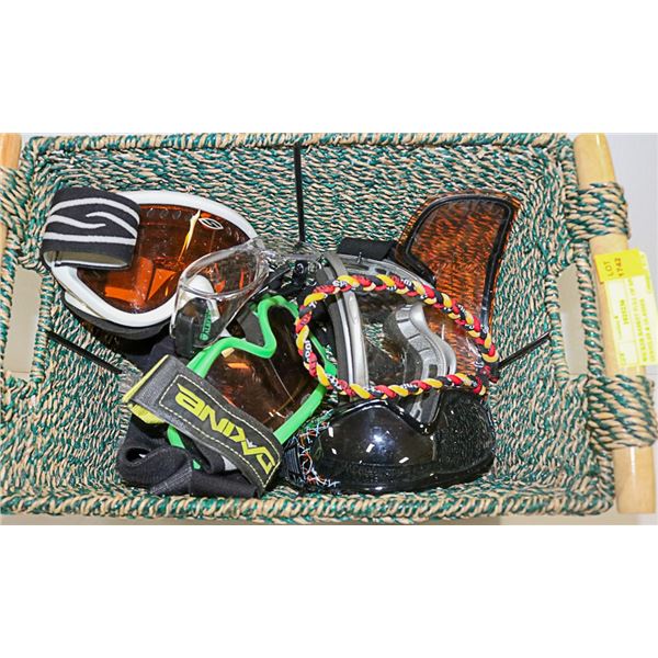 WICKER BASKET FULL OF SPORTS GOGGLES & GLASSES