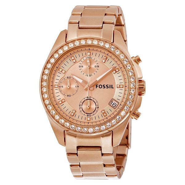 NEW FOSSIL TRIPLE CHRONO ROSE GOLD TONE MSRP $209 38MM CRYSTAL BEZEL WATCH. JEWELRY.