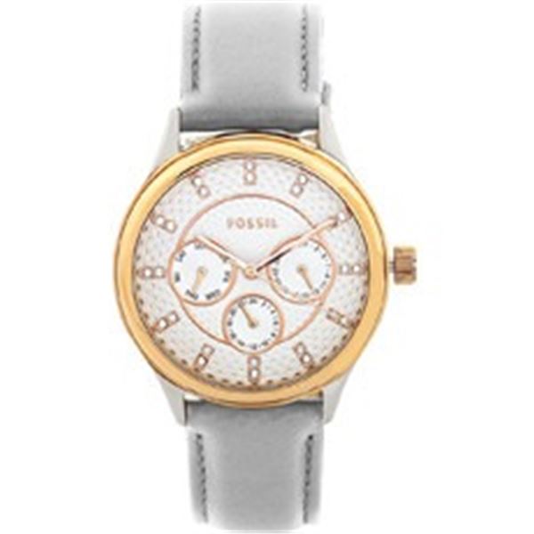 NEW FOSSIL TRIPLE CHRONO WATCH W/ CRYSTAL MARKERS 36MM W/ GRAY TONE LEATHER BAND. JEWELLERY.