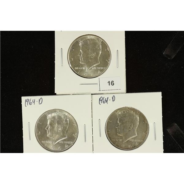 1964 & 2-1964-D'S 90% SILVER KENNEDY HALF DOLLARS