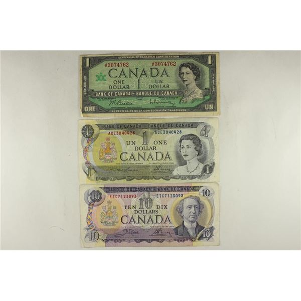 CANADA 1967 & 1973 $1 AND 1971-$10 BILLS