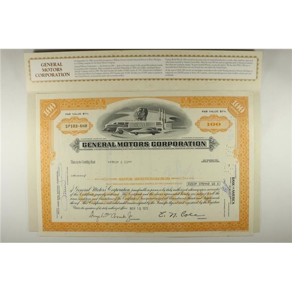 VINTAGE STOCK CERTIFICATE GENERAL MOTORS CORP.