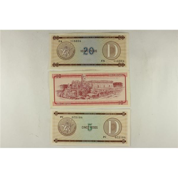 CUBA 5,10 & 20 PESOS FOREIGN EXCHANGE CERTIFICATES