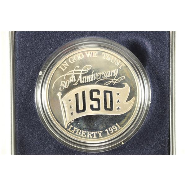 1991 USO 50TH ANNIVERSARY PROOF SILVER DOLLAR