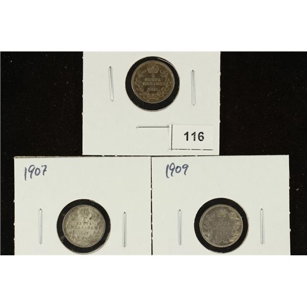 1905, 1907 & 1909 CANADA SILVER 5 CENTS