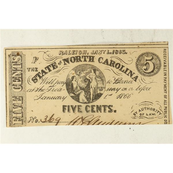 1863 NORTH CAROLINA 5 CENT OBSOLETE BANK NOTE