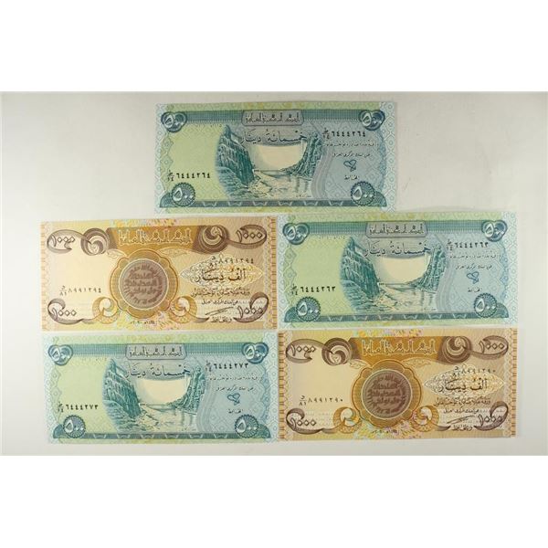 IRAQ 3-500 DINARS AND 2-1000 DINARS CRISP UNC