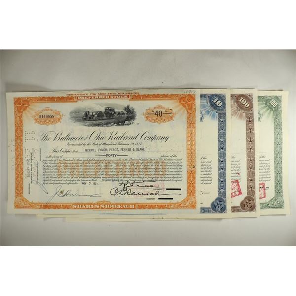 4 VINTAGE STOCK CERTIFICATES THE BALTIMORE AND