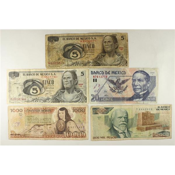 MEXICO 2-1969 FIVE PESOS, 1996-TWENTY PESOS, 1985-