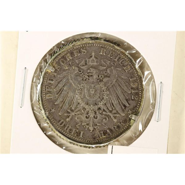 1912-J GERMAN HAMBURG SILVER 3 MARK WITH BEZEL