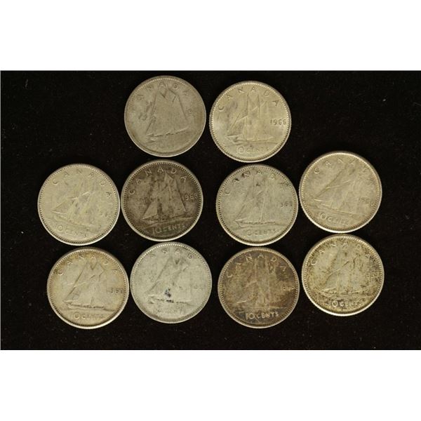 10 ASSORTED 1941-1966 CANADA SILVER 10 CENTS