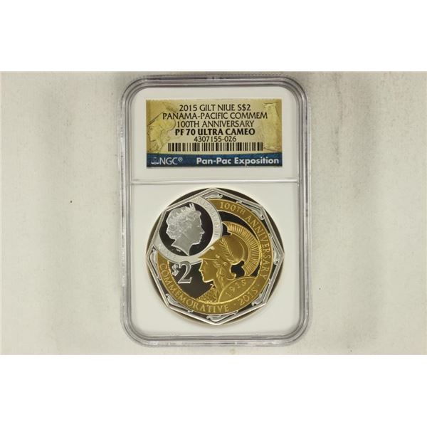 2015 GILT NIUE SILVER $2 PANAMA-PACIFIC COMMEM.