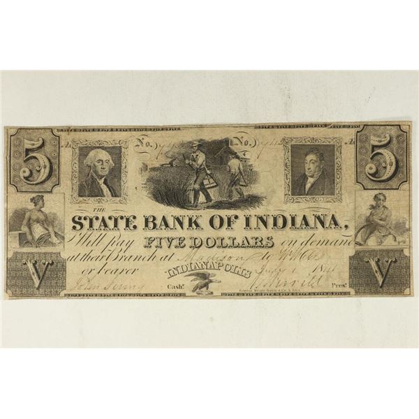 1841 STATE BANK OF INDIANA $5 OBSOLETE BANK NOTE