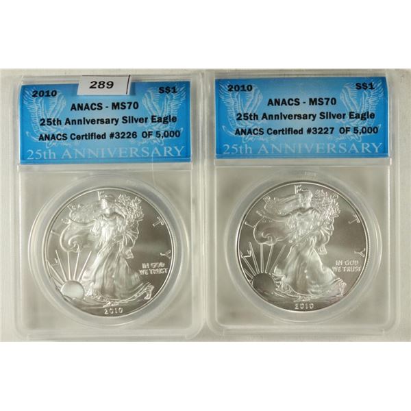 2-2010 AMERICAN SILVER EAGLE ANACS MS70 25TH