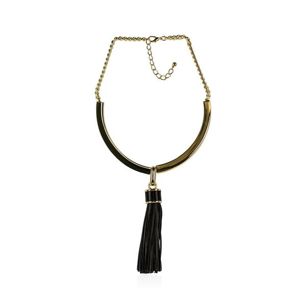 Leather Tassel Pendant Necklace - Rhodium Plated