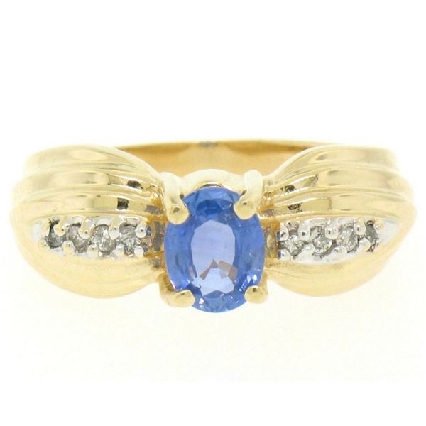 Ribbed 14k Yellow Gold 1.10 ctw Oval Tanzanite Solitaire & Round Diamond Ring